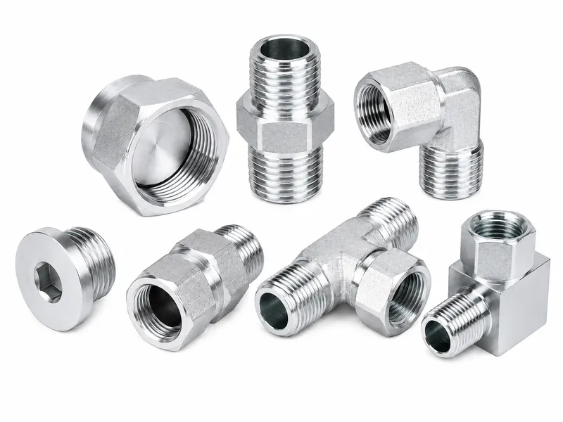 Assorted BSP threaded adapters, elbows, tees and plugs