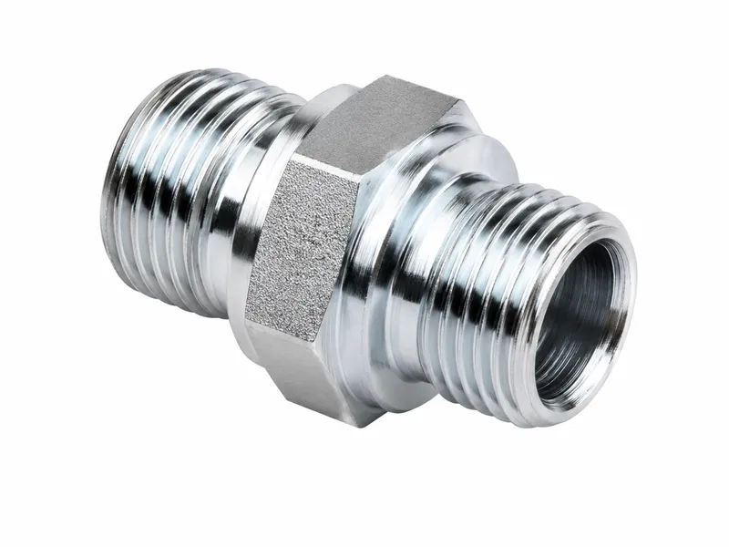 Straight BSP adapter with two externally threaded ends and hex body