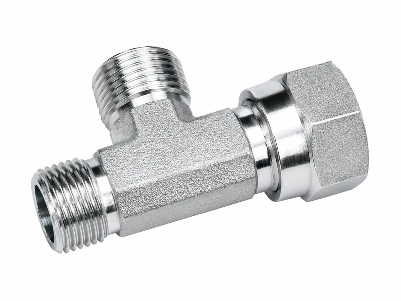 T-shaped BSP adapter with two external ends and a hex swivel connection