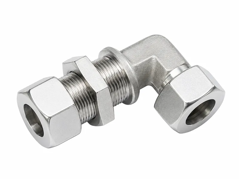 Right-angle bulkhead connector with compression-style nuts at both ends