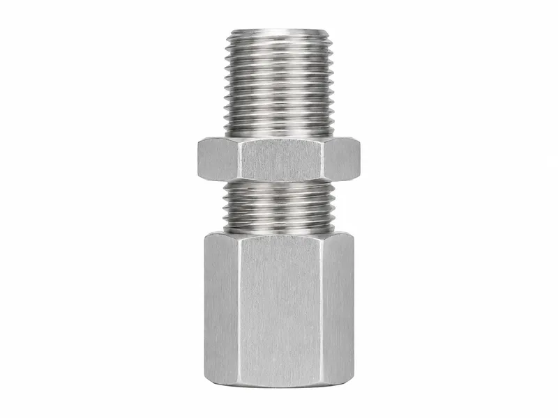 Straight bulkhead adapter with one threaded end, mounting thread and large hex end