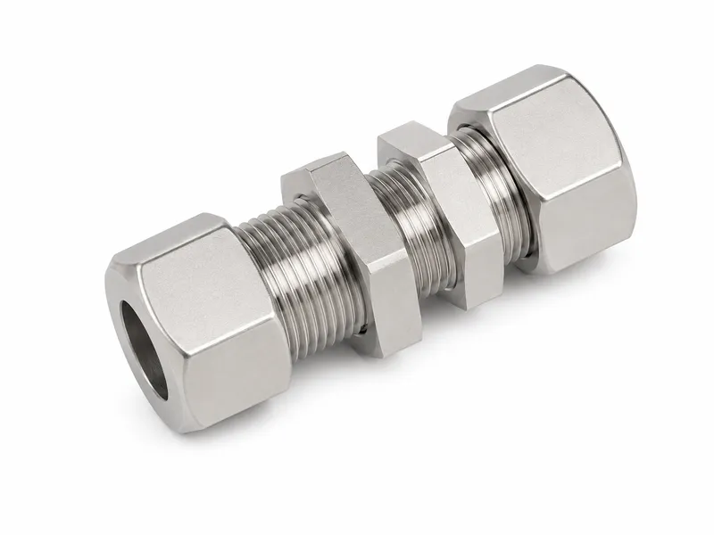 Straight through-panel connector with two end nuts and central mounting hardware