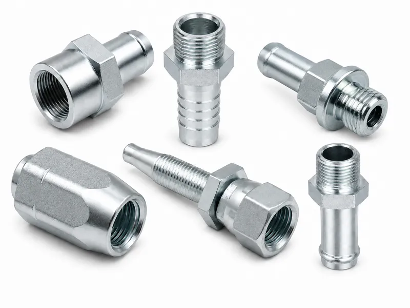 Group of straight metal hose-end components with threaded equipment ends and varied hose-tail profiles