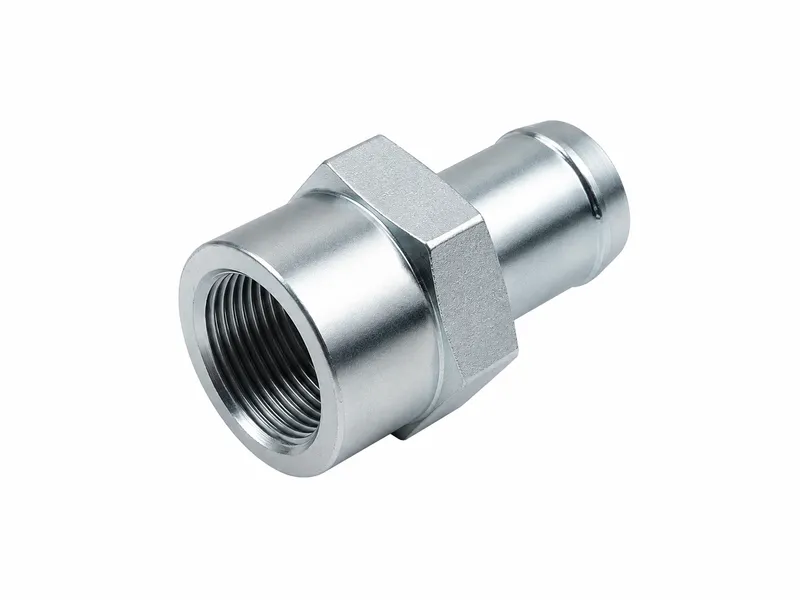 Straight hex-body hose fitting with an internal threaded end and smooth stepped hose tail