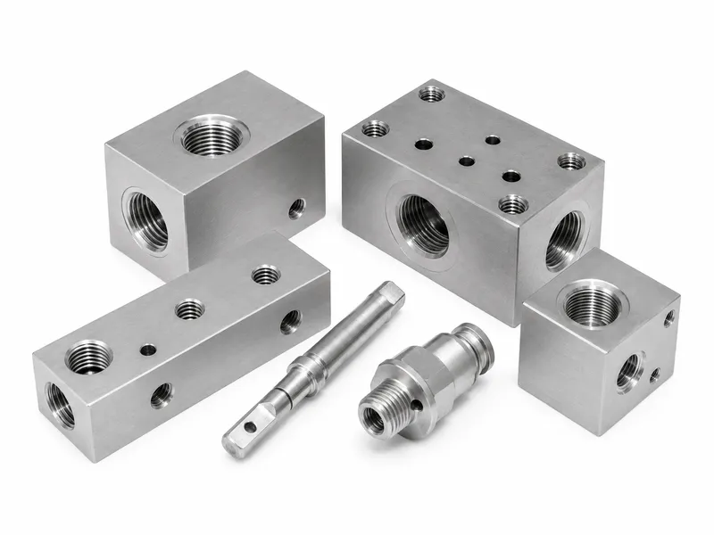 Custom hydraulic valve body with CNC-machined ports and internal cavities