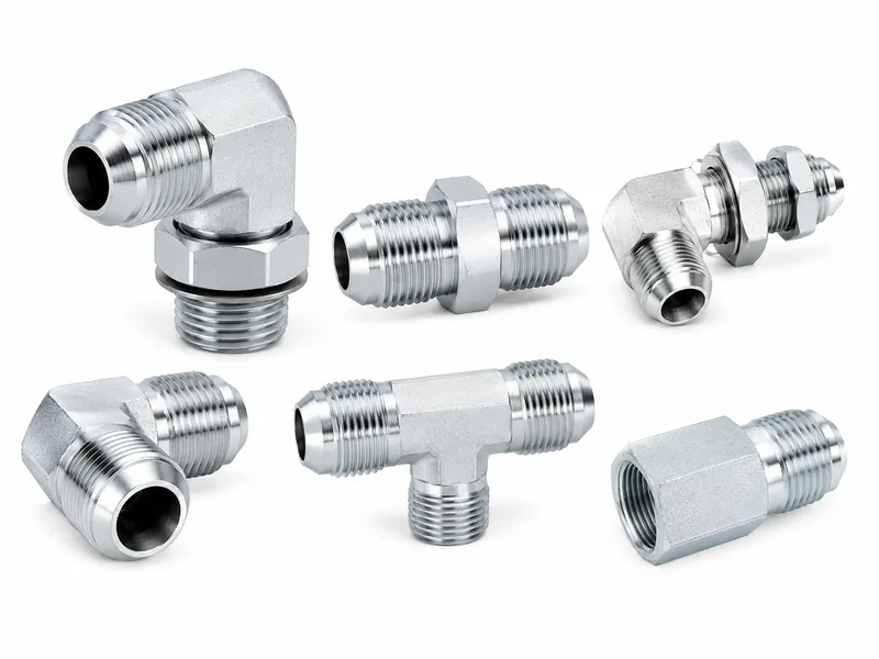 Group of straight, elbow, tee and bulkhead-style JIC 37° flare adapters