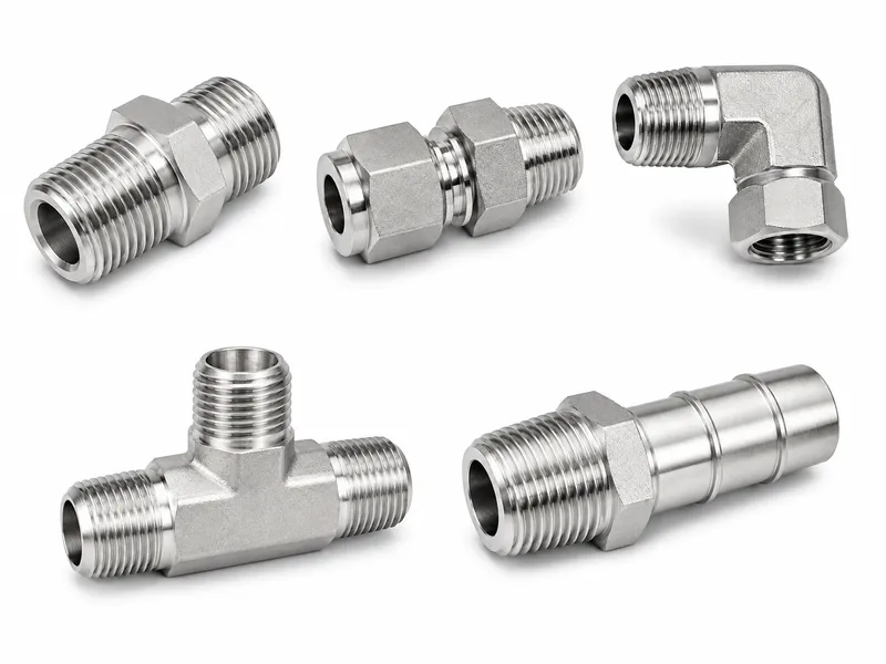 Group of straight, elbow, tee and hose-end threaded fittings