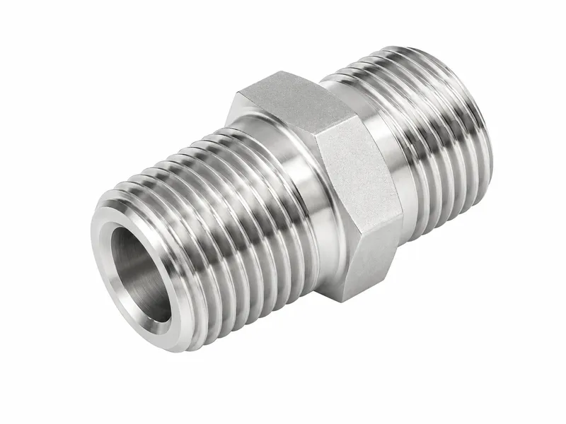 Hex-body straight adapter with external threads at both ends