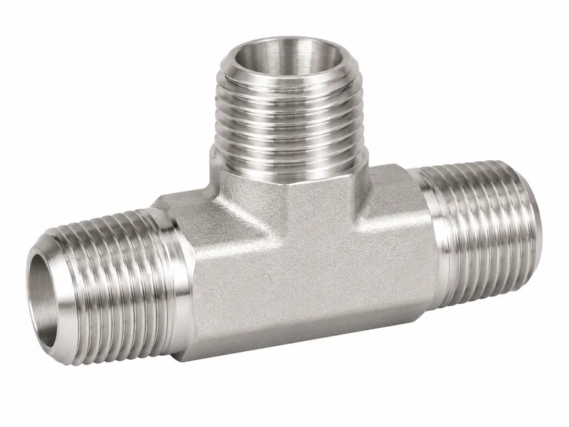 Tee fitting with three visible external threaded ends