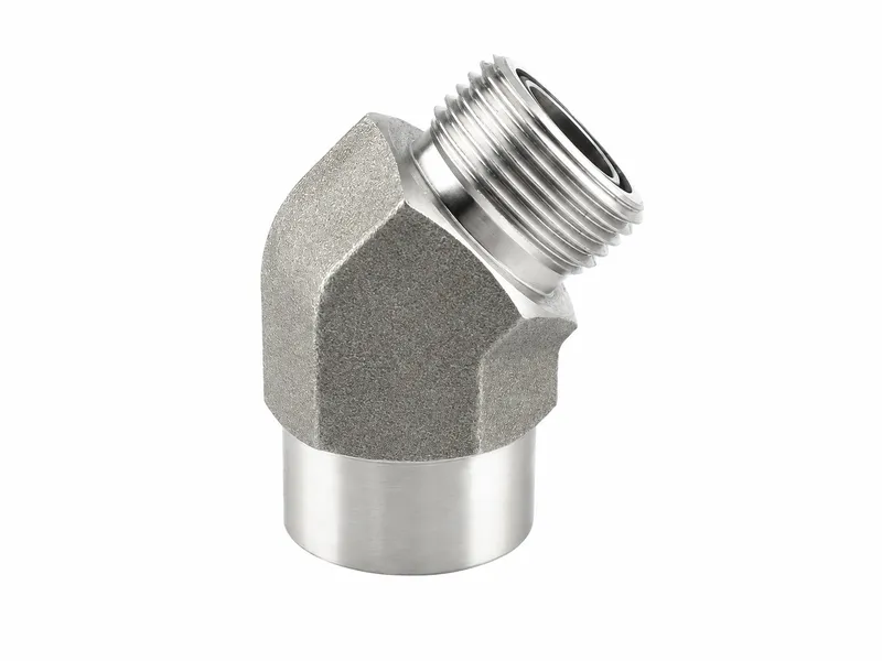 Angled hydraulic weld fitting with external thread and O-ring groove